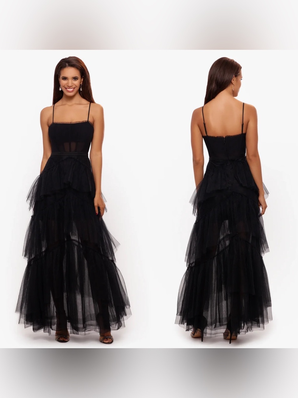 Betsy & Adam Black Tiered Ruffle Tulle Formal Maxi Gown Dress Size 8